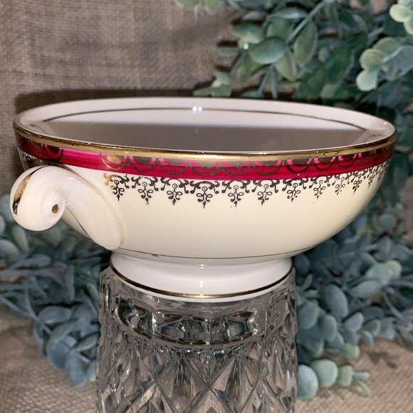 Footed Cream Soup Bowl Eggshell Nautilus, Maroon Band W/Gold by Homer Laughlin - Picture 3 of 10